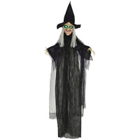 HOMCOM Witch Prop with Light Up Eyes Halloween Decoration-Black witch with white hair and hands 