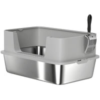 PawHut - boîte à litière XL en acier inoxydable - boîte à litière pour chat à bords hauts avec pelle-La construction hygiénique en acier inoxydable résiste aux bactéries et aux odeurs 
