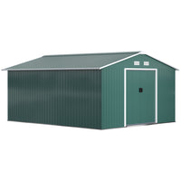 Outsunny - Abri de jardin 11' x 13' avec kit de fondation en acier, vert-Conception spacieuse pour ranger tous vos outils d'extérieur, votre équipement et votre matériel de jardinage 