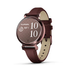 Garmin Lily 2 - Dark Bronze Case with Mulberry Leather Band-Perfect for any look, this small, stylish smartwatch features an all-metal watch case and a beautiful patterned lens. Plus, with a quick tap or wrist turn, the Lily 2 smartwatch reveals a bright display. Choose between a variety of 14 mm quick release bands
