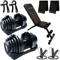 MotionGrey - Haltères ajustables 10 à 90 lb - Avec poignée haute résistance, banc d’entraînement, corde à sauter et barre en métal antidérapante-Ensemble gym complet haute performance : Inclut des haltères ajustables 10-90 lb et un banc multi-positions pour un entraînement intensif à domicile