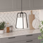 Hudson&Canal - Suspension Marduk de 28 cm de large avec abat-jour en tissu - Bronze noirci/blanc-Une finition en bronze noirci fabriquée à la main est appliquée sur la base en métal fantaisie