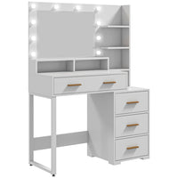HOMCOM Vanity Table with Illuminated LED Mirror - 39.4" L x 15.7" W x 54.3" H - White-Large drawer and three small ones, plus six shelves for organization 