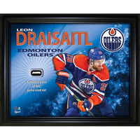 Frameworth Leon Draisaitl Edmonton Oilers PhotoGlass with Game-Used Net - 20" W x 16" H-Officially licensed by the NHL and NHLPA featuring Leon Draisaitl - Hart Trophy winner and 2025-26 NHL scorer with 35 goals and 97 points