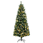 HOMCOM 6' Pre-Lit Snow-Flocked Skinny Artificial Christmas Tree - Green-6ft tall tree decorated with pinecones for a natural appearance 