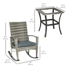 Outsunny - ensemble de 3 pièces fauteuils à bascule en rotin pour patio - gris-Table à thé avec plateau en verre trempé pour poser vos rafraîchissements 
