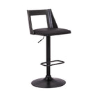 Armen Living Milan Adjustable Height Swivel Bar Stool in Black Faux Leather & Black Wood with Black Base-Utilize the easy-to-use lever right below the seat to adjust to your preferred height. The lifting mechanism is seamless and works perfectly - adjusting to the perfect height all while remaining stable and controlled.