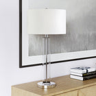 Hudson&Canal - Lampe de table Harlow de 74 cm de haut avec abat-jour en tissu, - Verre transparent/Nickel poli/Blanc-Un verre transparent fabriqué à la main et une finition en nickel poli sont appliqués sur la base cylindrique en métal et en verre