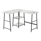 Monarch Specialties 7595 48" Computer Desk - White Marble/Black Metal Corner-Industrial-style computer desk with 2 fixed, open shelves supported by sawhorse-style legs in metal