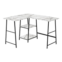 Monarch Specialties 7595 48" Computer Desk - White Marble/Black Metal Corner-Industrial-style computer desk with 2 fixed, open shelves supported by sawhorse-style legs in metal