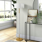 Hudson&Canal - Lampadaire Simone 2 lumières avec abat-jour en tissu - Blanc mat/laiton/blanc-Une finition artisanale blanche mate et laiton est appliquée sur la base ronde en métal