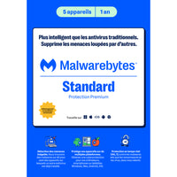 Malwarebytes Standard Premium Security pour Windows, macOS, Android, iOS et Chrome - 5 appareils - Abonnement d'un an-Protégez-vous des pirates informatiques, des sites malveillants, des publicités infectées, des logiciels de clonage de cartes bancaires et des voleurs d'identifiants grâce à notre protection web et anti-logiciels malveillants