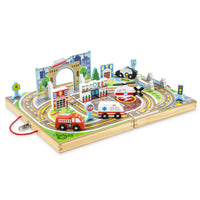 Melissa & Doug, Ville à emmener partout avec 18 pièces en bois, 4 véhicules d'urgence, pièces de jeu, pont-Véhicules de secours