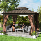 Outsunny Outdoor Canopy Hardtop Gazebo - 10' x 12' - Dark Brown-Constructed with a solid steel and aluminum frame 
