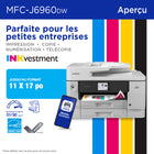 Brother - MFC-J6960DW Imprimante tout-en-un à jet d’encre couleur sans fil INKvestment avec impression au format 11 po x 17 po et écran tactile couleur de 3,5 po-Fonctions axées sur la productivité. Capacité de 500 feuilles(1), bac multi-usage de 100 feuilles(1), copie et numérisation recto verso en un seul passage à partir du chargeur de 50 pages(1) et impression recto verso automatique jusqu’au format 11 po x 17 po
