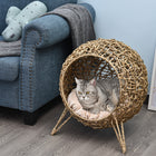 PawHut - Maison pour chat en rotin, lit pour animal surélevé pour chats d’intérieur - bois naturel-La structure fermée offre à votre chat des options pour dormir et jouer 