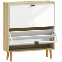 HOMCOM Narrow Shoe Cabinet with 2 Flip Drawers - White-High gloss front doors pair with oak frame for modern look