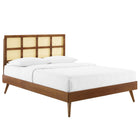Modway Sidney Cane and Wood Queen Platform Bed with Splayed Legs - Walnut-Wood Slat Support System