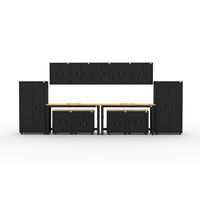 Cat RTA Garage Storage Cabinetry 13-Piece Set with 2 Lockers, 5 Walls, 2 Bases, 2 Drawer-Bases and 2 72" Workbenches-13-Piece Cabinet & Workbench Set: Two 36" heavy-duty lockers, four base cabinets, five wall cabinets, and 2 72" workbenches deliver practical storage and workspace.