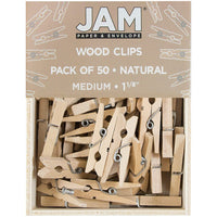 JAM Paper Wood Clip Clothes Pins - Medium - 1 1/8" - Natural Brown - 50 Pack-Colour: Natural Brown