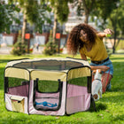 PawHut 49.2" Large Portable Exercise Pet Playpen with Carry Bag - Pink-Side net for pet water dispenser and storage bags for personal items