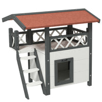 PawHut Outdoor Cat House with Asphalt Roof, Stairs and Balcony - White-Made of solid fir wood for everyday use 