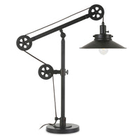 Hudson&Canal Descartes 29" Tall Wide Brim/Pulley System Table Lamp with Metal Shade - Blackened Bronze/Blackened Bronze-Mid-century modern design for your living room, workspace, or bed side table