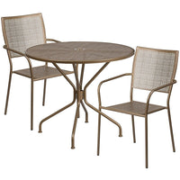 35.25'' Round Gold Indoor-Outdoor Steel Patio Table Set with 2 Square Back Chairs [CO-35RD-02CHR2-GD-GG]-Set Includes Table and 2 Chairs