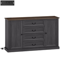 HOMCOM 57.9" L Cabinet with Charging Station and Thickened Top - Black Wood Grain-Built-in power strip with two power outlets, a USB and a USB-C port offers convenient charging