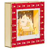 HOMCOM Christmas Advent Calendar with 24 Countdown Drawers and LED Lights - Red-Villages, mountains, forests, elks, and stars enhance festive ambiance 