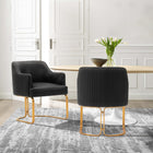Manhattan Comfort - Lot de 2 fauteuils de salle à manger modernes Raya 25,2 po en similicuir noir-Cadre en bois d’orme de haute qualité avec pieds en acier inoxydable doré