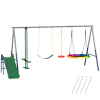 Qaba - Ensemble de balançoires 5-en-1 pour enfants, avec toboggan, balançoire soucoupe, balançoire à sangle, planeur et balançoire debout-Comprend cinq stations de jeu pour sept enfants, idéal pour transformer votre jardin en aire de jeux 