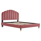 Modway Daisy Performance Velvet Queen Platform Bed with Wood Legs and Gold Metal Sleeves - Dusty Rose-Performance Velvet Upholstery