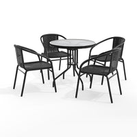 Table ronde en verre et en métal 28 po avec bordure en rotin noir et 4 chaises empilables en rotin noir (TLH-087RD-037BK4-GG)-Ensemble de table et chaises