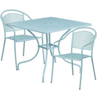Table de jardin carrée de 35,5 po en acier bleu ciel avec 2 chaises à dossier rond, intérieur/extérieur [CO-35SQ-03CHR2-SKY-GG]-Ensemble comprenant une table et 2 chaises