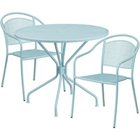 Table de jardin ronde de 35,25 po en acier bleu ciel et 2 chaises au dossier rond, intérieur/extérieur [CO-35RD-03CHR2-SKY-GG]-Ensemble comprenant 1 table et 2 chaises