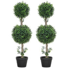 HOMCOM 36" Artificial Boxwood Topiary Ball Trees in Pot - Green - 2 Pack-Two pack topiary ball-shaped boxwood trees enhance room aesthetics 