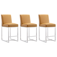 Manhattan Comfort Element 16.34" Modern Faux Leather Upholstered Counter Stool - Camel and Polished Chrome - 3 Pack-Mid-Century Modern Counter Stool with Backseat Perfect for Bar and Kitchen Use. Set of 3