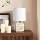 Hudson&Canal Pacha 16" Tall Stone Table Lamp with Fabric Shade - Natural Travertine-Base is crafted of natural travertine stone, and each piece will contain slight variations in veining patterns and color