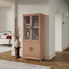 Manhattan Comfort Jodie 31" Mid-Century Modern Bookcase - Maple-2 Soft Close Tempered Glass Panel Display Doors on Top and 2 Ribbed Manufactured Wood Soft Close Doors on Bottom