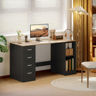 HOMCOM 55.1" Computer Desk with Drawers - Black Wood Grain-Drawers can be installed left or right for flexible layouts to perfectly fit your space