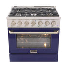 Kucht 36" KNG Series Pro Style Propane Gas Range - Stainless Steel/Blue-6-burner gas range includes one 20 000 BTU dual burner featuring TrueSimmer, one 15 000 BTU burner, one 12 000 BTU burner, two 9 000 BTU burners and one 6 000 BTU low-simmer burner