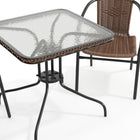 Table carrée en verre/métal 28 po, bordure en rotin brun foncé et 2 chaises empilables en rotin brun foncé (TLH-073SQ-037BN2-GG)-7