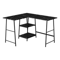 Monarch Specialties - 7594 Bureau 48 po L - Dessus Marbre Noir De Coin/Metal Noir-Bureau d'ordinateur de style industriel avec 2 étagères fixes et ouvertes supporté par une base de style chevalet en métal noir