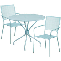 35.25'' Round Sky Blue Indoor-Outdoor Steel Patio Table Set with 2 Square Back Chairs [CO-35RD-02CHR2-SKY-GG]-Set Includes Table and 2 Chairs