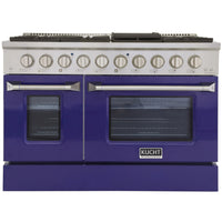 Kucht 48" KNG Series Pro Style Natural Gas Range - Stainless Steel/Blue-Cook and bake like a pro with two separate ovens featuring large oven windows. The main oven is a heavy-duty blue porcelain oven with 4.2-cu-ft of capacity, while the additional side oven has 2.5-cu-ft of capacity