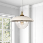 Hudson&Canal - Suspension Alvia de 37,8 cm de large avec abat-jour en métal et verre - Blanc nacré/laiton/transparent-Une finition artisanale blanche nacrée et laiton est appliquée sur la base ronde en métal et en verre