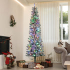 HOMCOM 7.5' Snow-Flocked Pencil Artificial Christmas Tree with Remote - Green-Artificial snow spray creates a festive, wintry appearance 