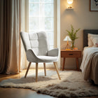 FurnitureR Accent Chair - Ivory Beige Fabric-Solid beech wood legs in a walnut finish
