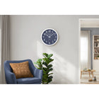 Monarch Specialties 9116 12" Round Wall Clock - Blue Face/White Frame-Enjoy accurate timekeeping with our non-ticking quartz movement, ensuring you can rely on this decorative clock for punctuality without distraction